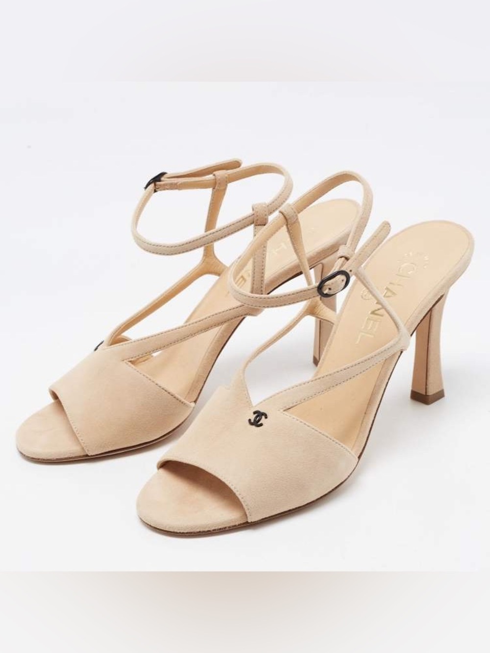 CHANEL Beige Suede Open-Toe Ankle-Strap Heels
